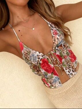 Floral Leopard Print Tie-Front Crop Top - brand new
